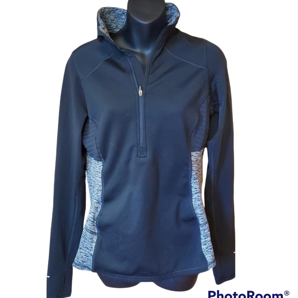 EUC Champion Women's Athletic 1/4 Zip Jacket Black w/ Gray Sz Small Thumb Holes